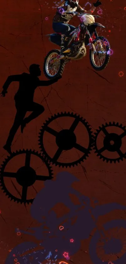 Dynamic motocross art on dark red background with gears.
