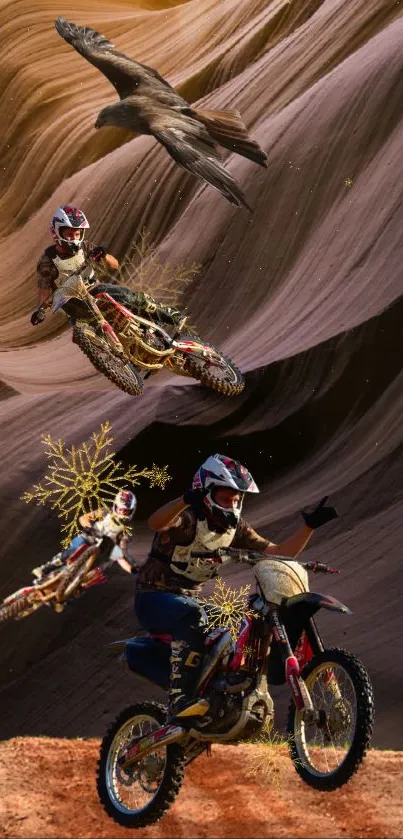 Motocross riders performing stunts against a dynamic backdrop with an eagle soaring above.