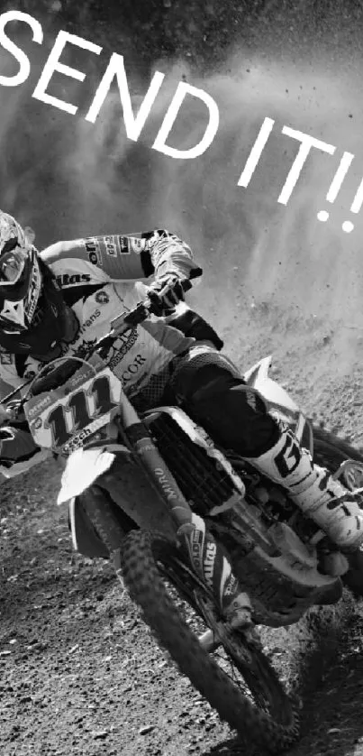 Motocross rider in action on a dirt track with 'SEND IT!!!' text overlay.