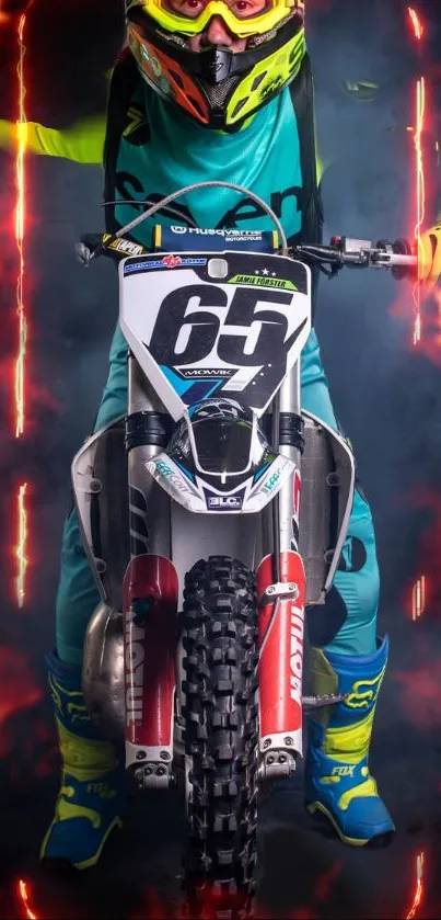 Vibrant motocross wallpaper with dynamic bike and flames.