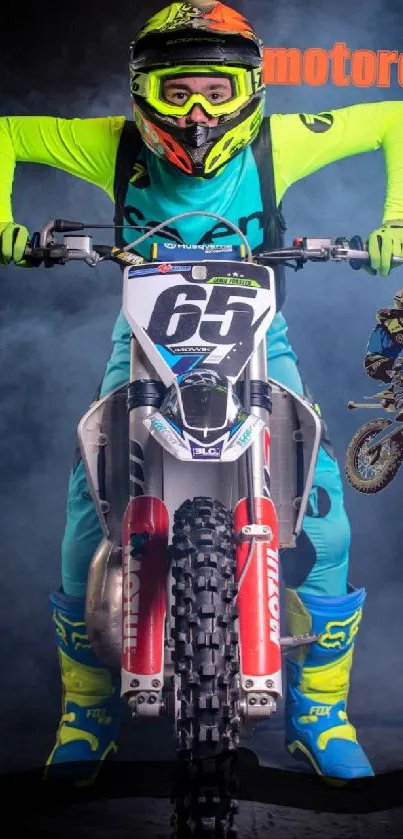 Motocross rider in vibrant gear with smoky background.