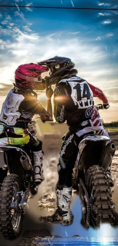 Motocross riders racing into sunset, showcasing dynamic adventure.