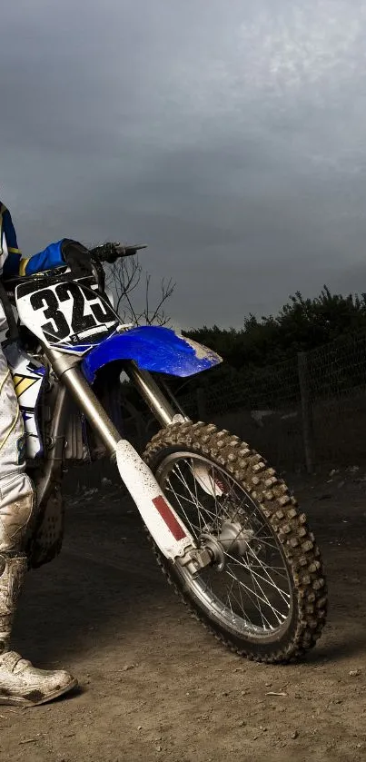 Dynamic motocross wallpaper featuring blue bike and racer on dirt track.