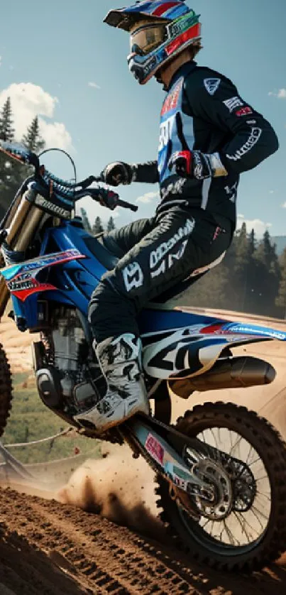 Motocross rider on dirt track with blue bike and forest background.