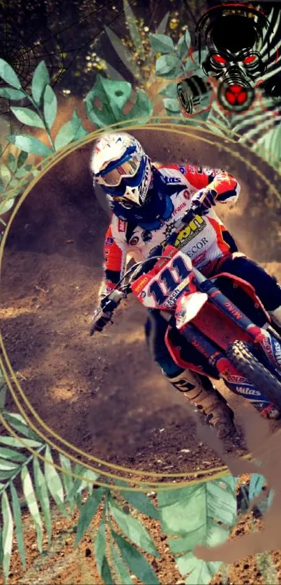 Motocross rider in action with leafy design.