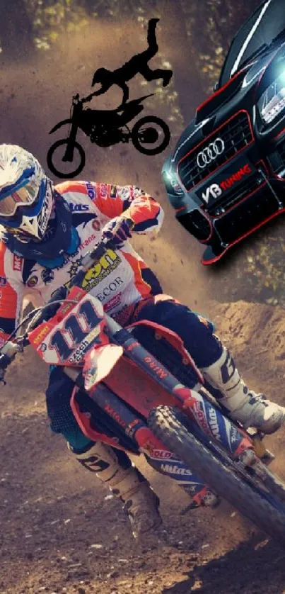 Dynamic motocross wallpaper with racing car and dirt trail.