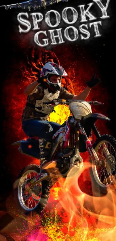 Motocross action on vibrant background with spooky theme.