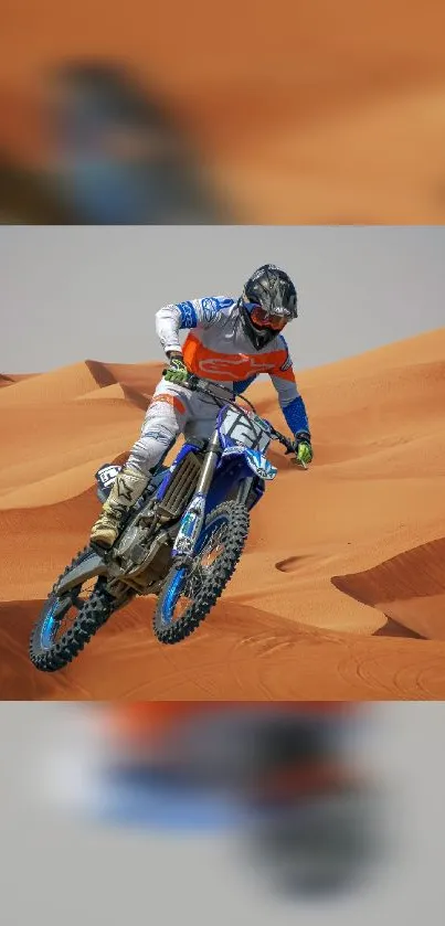 Motocross rider navigating sandy desert dunes with speed and precision.