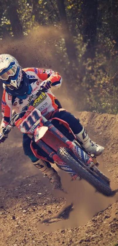 Motocross rider speeding through dirt track, showcasing action and thrill.