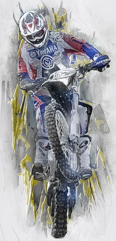 Motocross rider performing a jump in a dynamic artistic wallpaper design.