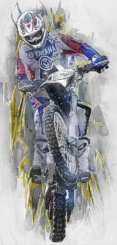 Motocross rider in action on illustrated background.