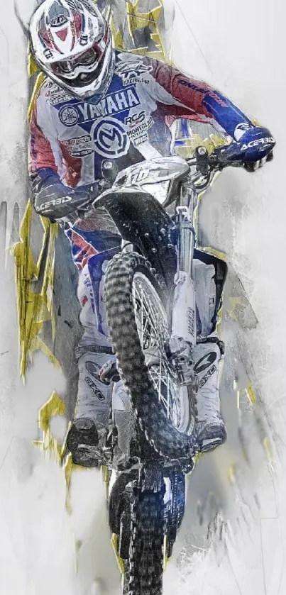 Dynamic motocross rider jumps on a bike against a gray backdrop.