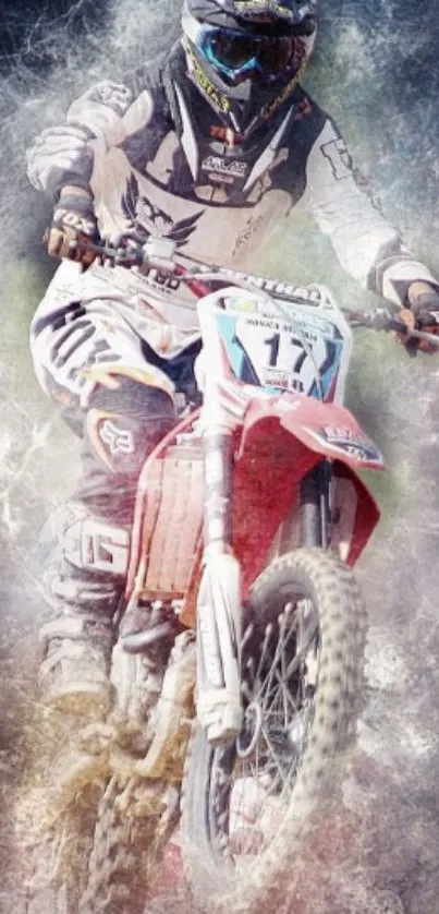 Motocross rider in action on a red bike, set against a textured background.