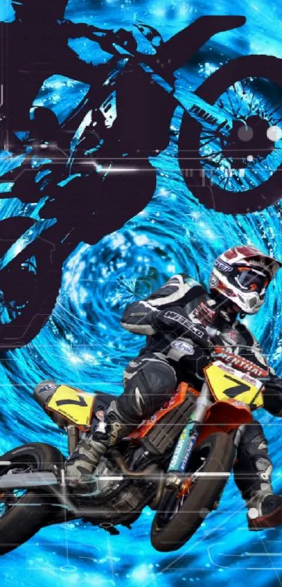 Motocross bike stunts with blue swirl background.