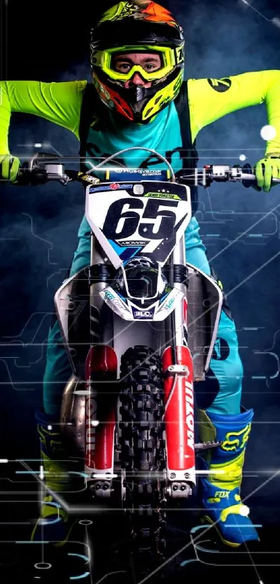 Motocross rider in neon gear riding a dirt bike.