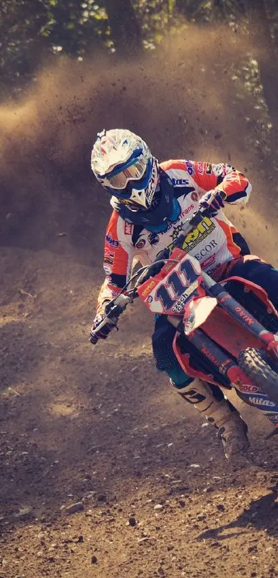 Motocross rider on a dirt track with dust cloud.