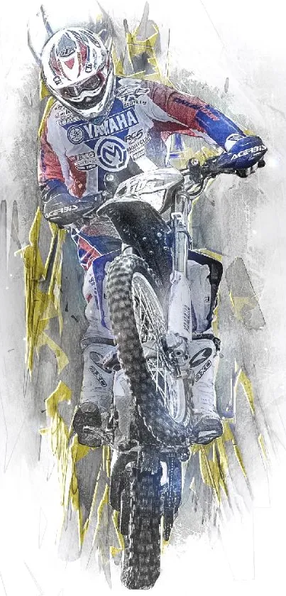 Motocross racer speeding through a dynamic scene with bold graphics.