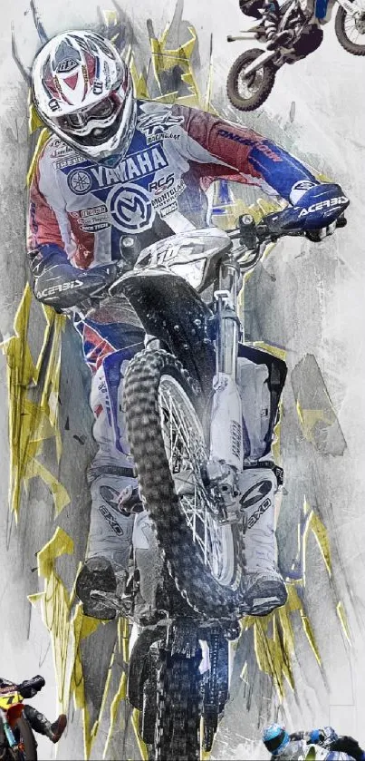 Motocross racer in action with vibrant artwork in dynamic pose on a motorcycle.