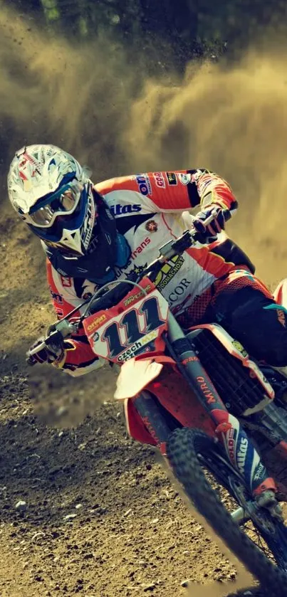 Motocross racer in action on dirt track.