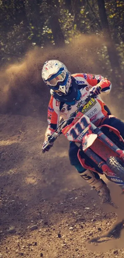 Motocross biker speeding on a dirt track, capturing dynamic motion and racing thrill.