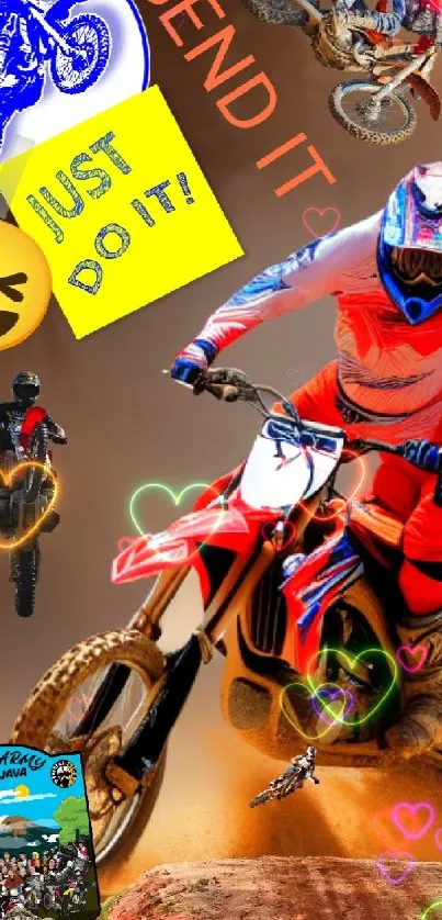 Motocross rider in action on a vibrant, colorful wallpaper.