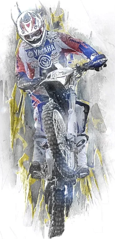 Motocross rider in gray-toned artwork with vibrant energy.