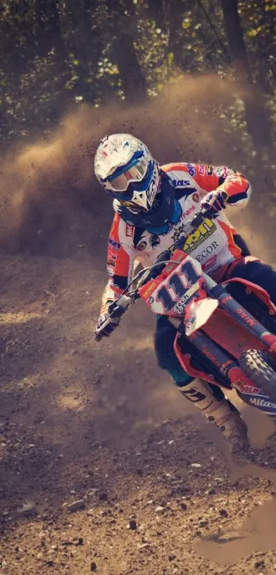 Motocross rider speeding on a dusty track under sunlit trees.