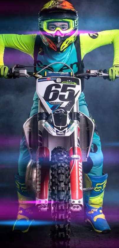 Motocross rider in vibrant gear on a bike with smoky background.