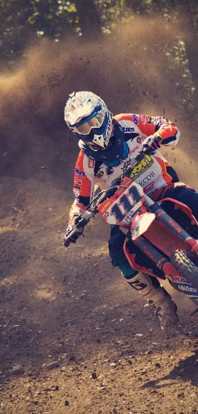 Motocross rider in action, kicking up dirt on a rugged track.