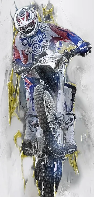 Motocross rider performing a jump in vibrant racing gear.