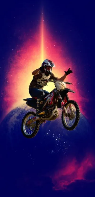 Motocross rider jumps over Earth with cosmic background.