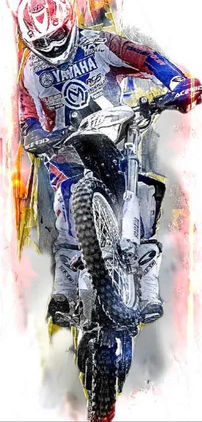 Motocross biker performing a stunt with dynamic, vivid colors.