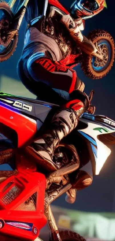 Motocross rider performs a dynamic stunt in vibrant red gear.