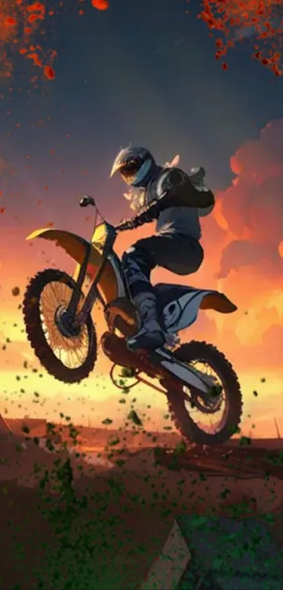 Motocross rider soaring against a vivid sunset sky with a dynamic artistic flair.