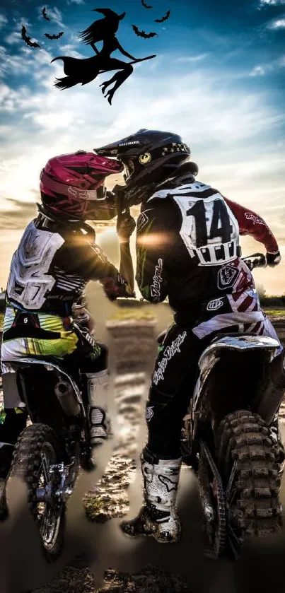 Two motocross riders at sunset with a silhouette in the sky.