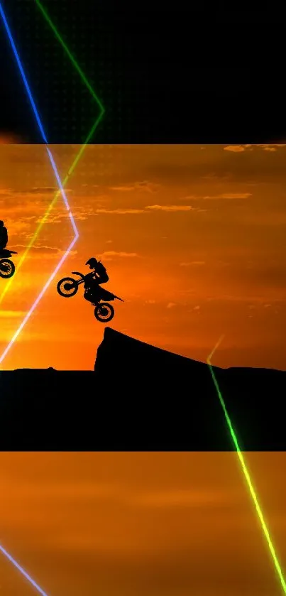 Motocross riders silhouetted against orange sunset with neon lights.