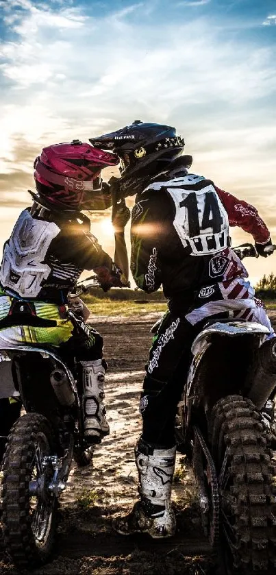 Motocross riders racing at sunset, capturing the thrill and adventure of the sport.