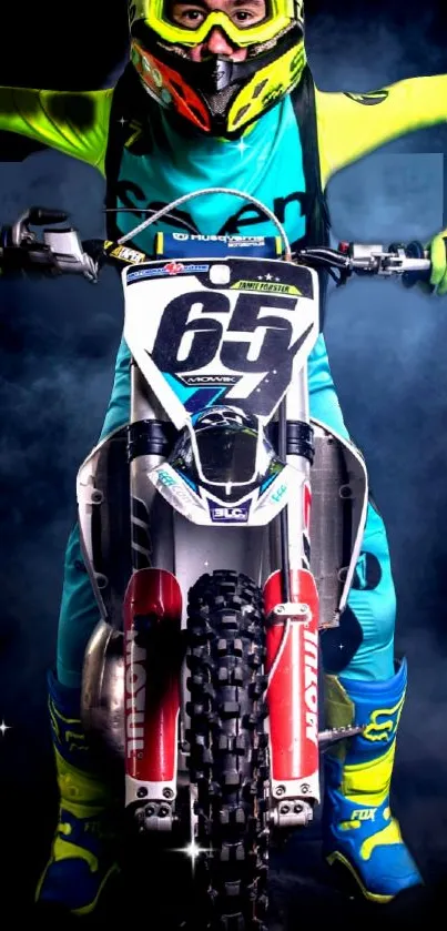 Motocross rider in vibrant gear on a motorbike, set against a smoky background.