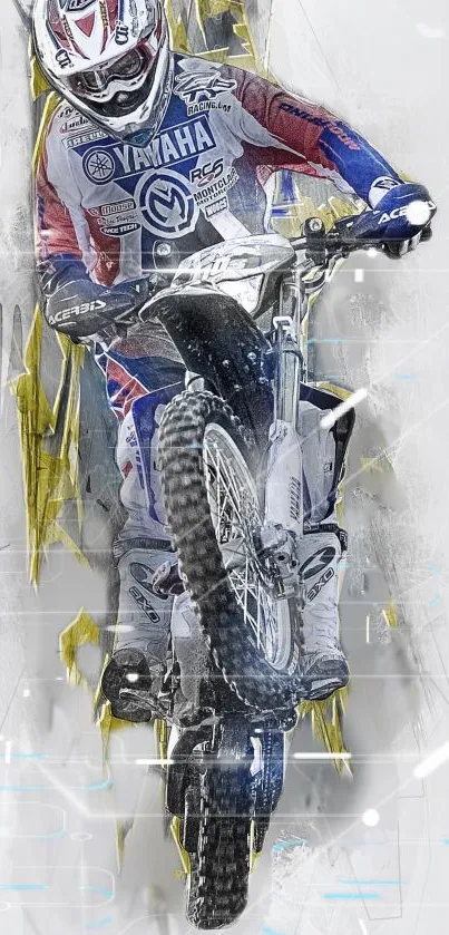 Motocross athlete in action on a bike with dynamic background.