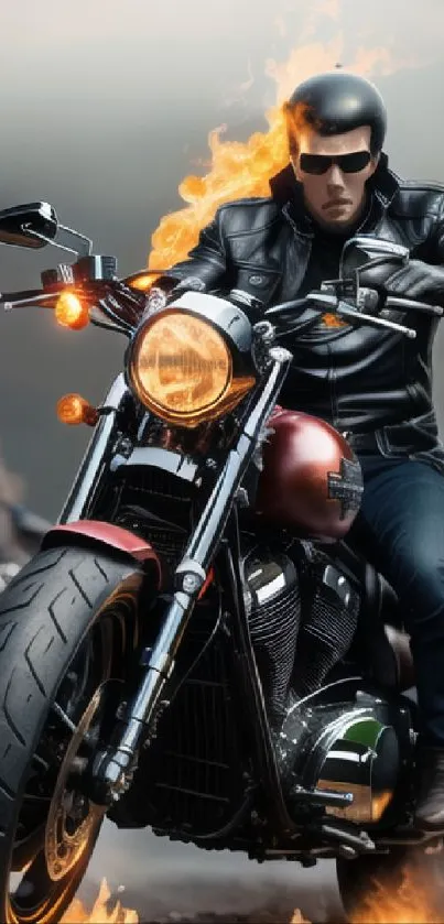 Rugged motorbike rider on a fiery, thrilling ride wallpaper.