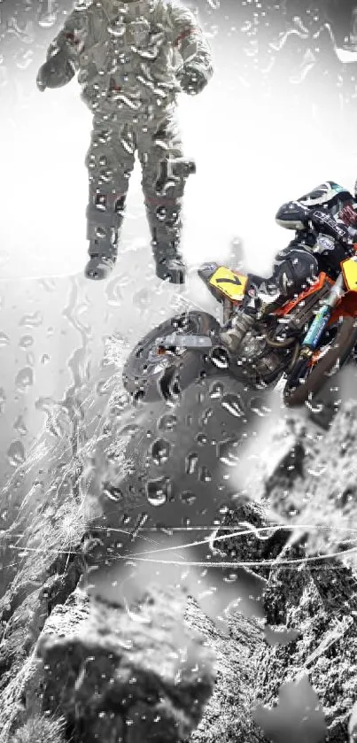 Motorcycle racer conquers a rugged, rain-soaked trail in thrilling adventure wallpaper.