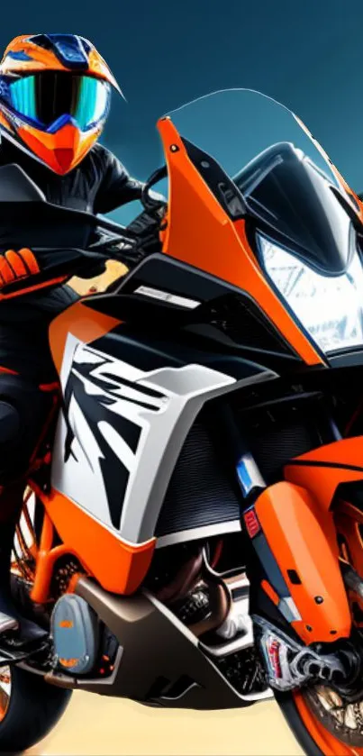 Motorcyclist in black and orange gear racing dynamically on a powerful bike.