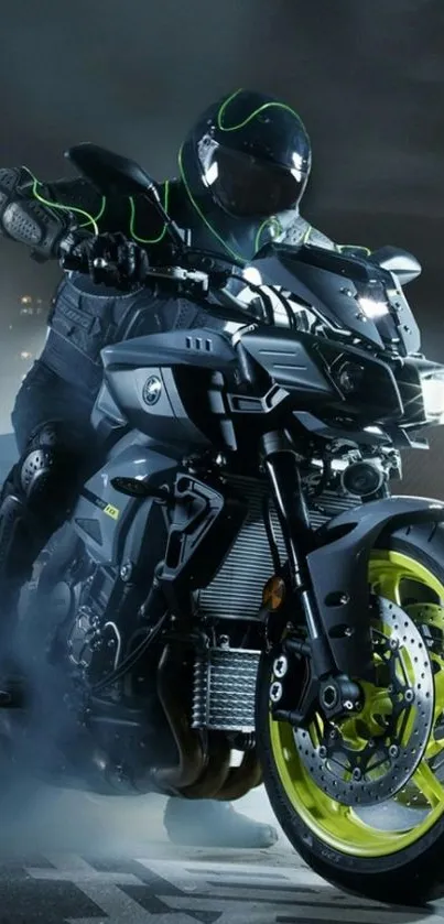 Dynamic motorcycle with neon wheels cruising through an urban nightscape.