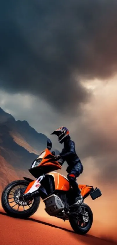 Motorcyclist riding in dramatic desert landscape with stormy sky.