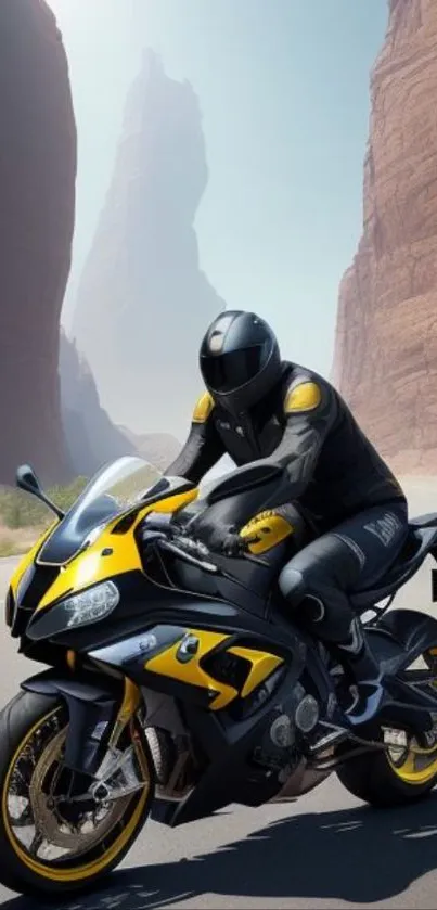 Motorcycle speeding through canyon landscape with dramatic scenery.