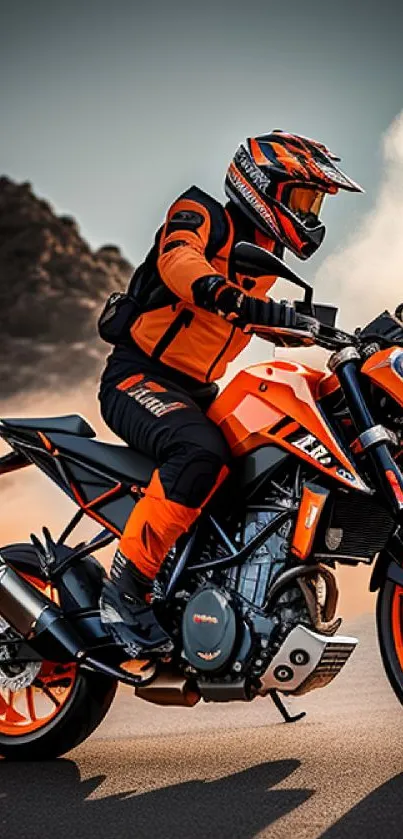 Motorcyclist in orange gear rides through dust on a rugged landscape.