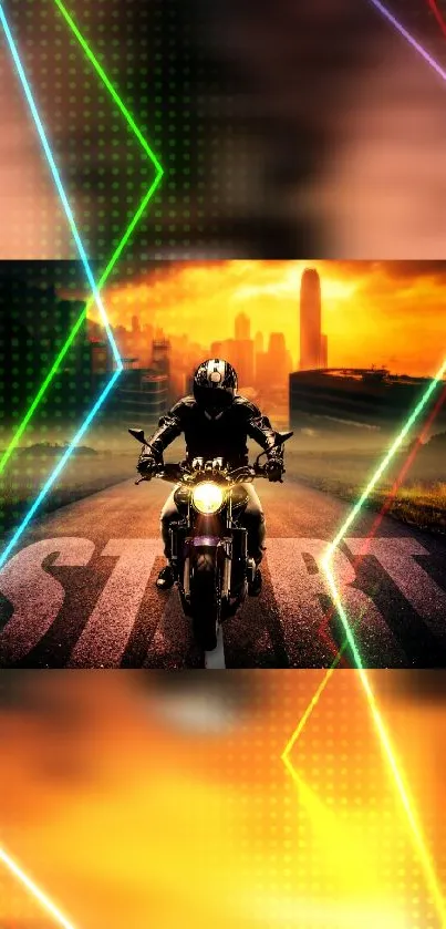 Motorcycle on a road with neon lights and a sunset backdrop.