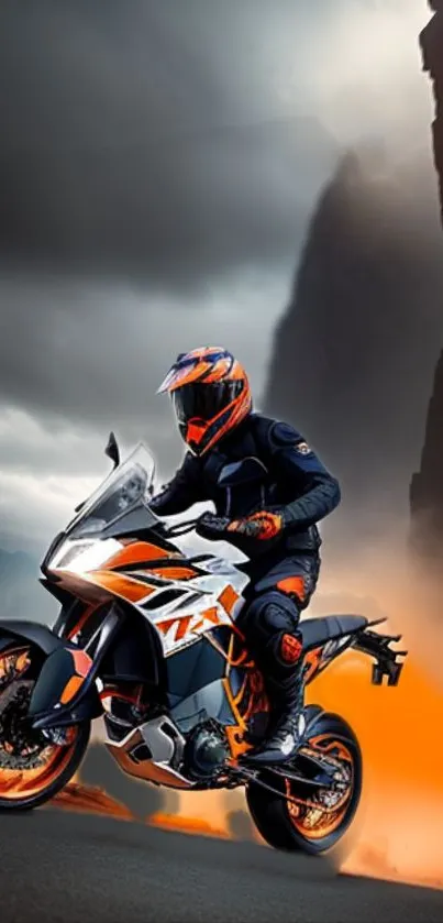 Motorcyclist rides through vibrant orange landscape in dynamic wallpaper.