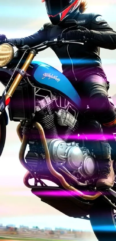 Motorcycle in action with a scenic backdrop and dominant blue color.