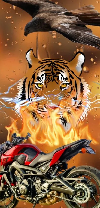 Illustrative wallpaper with a motorcycle, tiger, and eagle in a fiery setting.